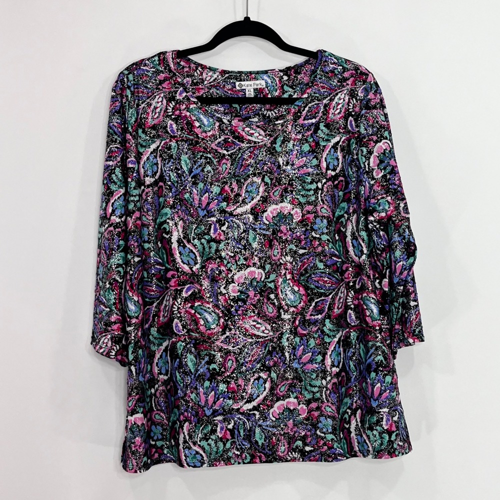 Kate Park Womens XL Paisley Glitter 3/4 Sleeve Scoop Neck Top BIFPM10170-BU
